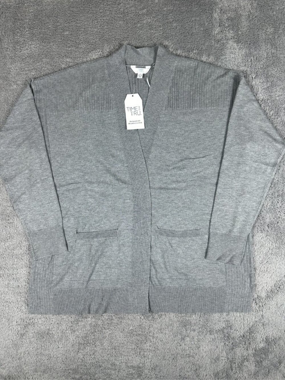 Time and Tru Women's Gray Open Front Cardigan Sweater Pockets Size L (12-14)